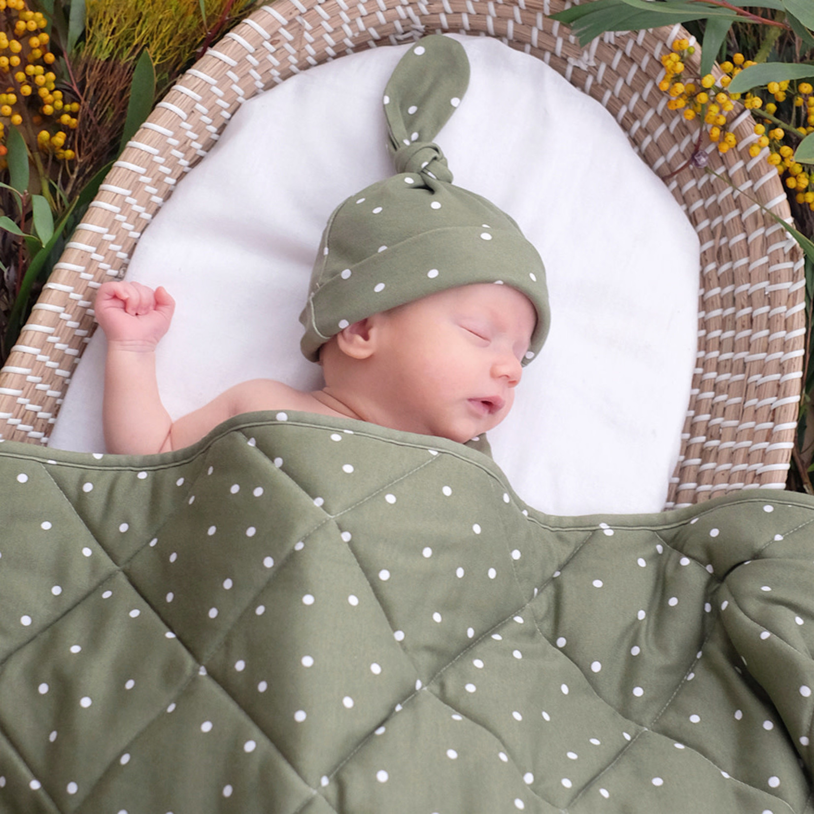 Living Textiles Reversable Jersey Cot Comforter-Forest Retreat/Olive Dots
