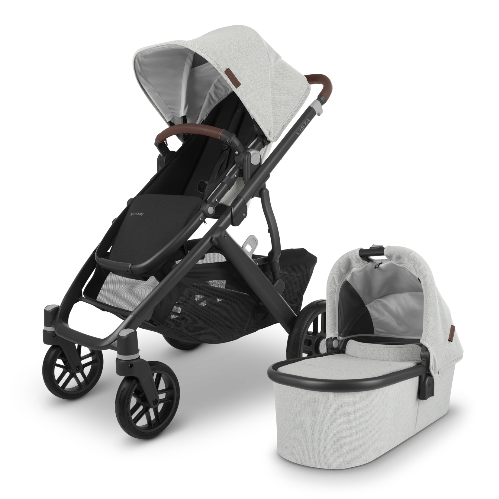 Uppababy VISTA V2 Stroller With Bassinet - ANTHONY (white & grey chenille/carbon/chestnut leather)