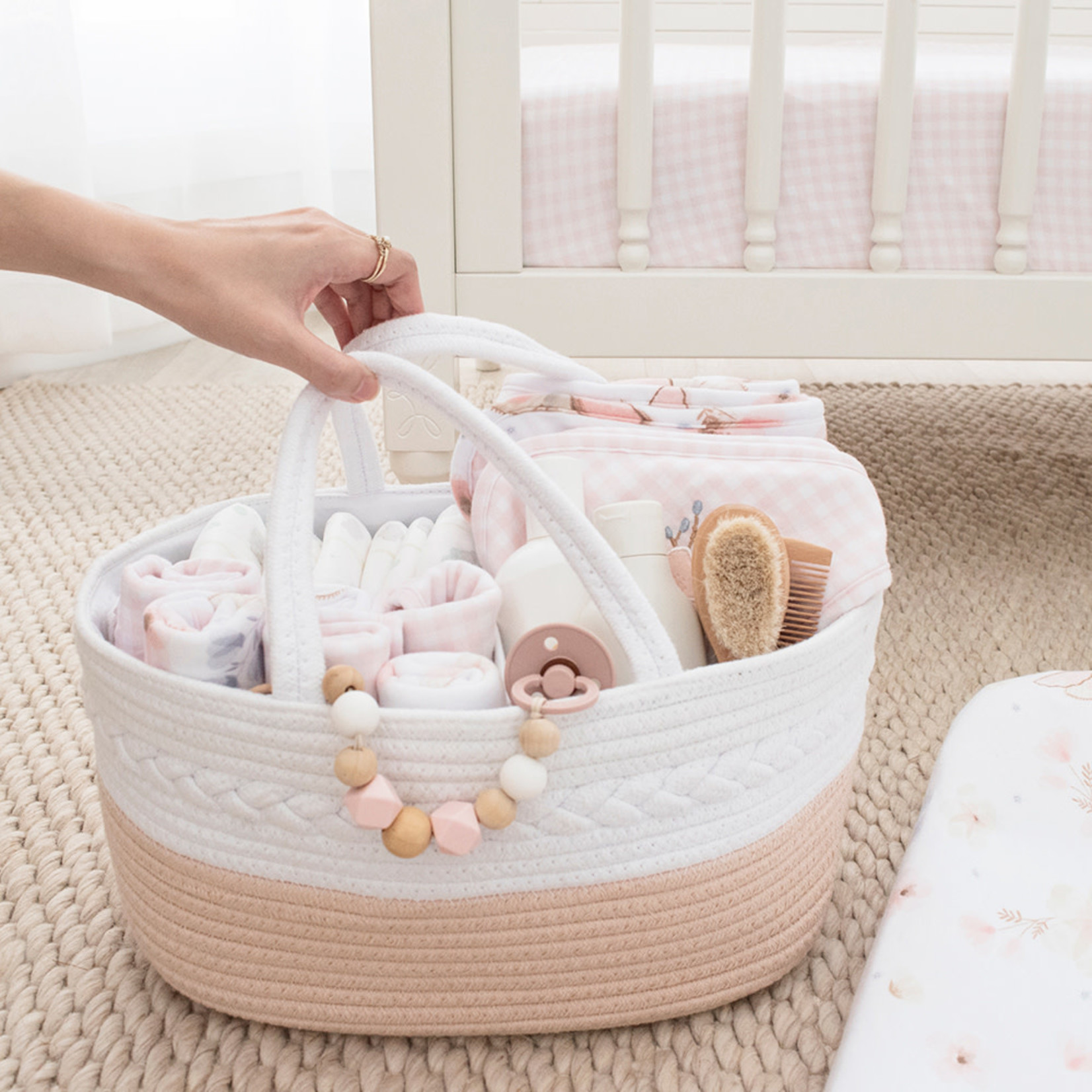 Living Textiles Living Textiles 100% Cotton Rope Nappy Caddy  with divider-White/Blush