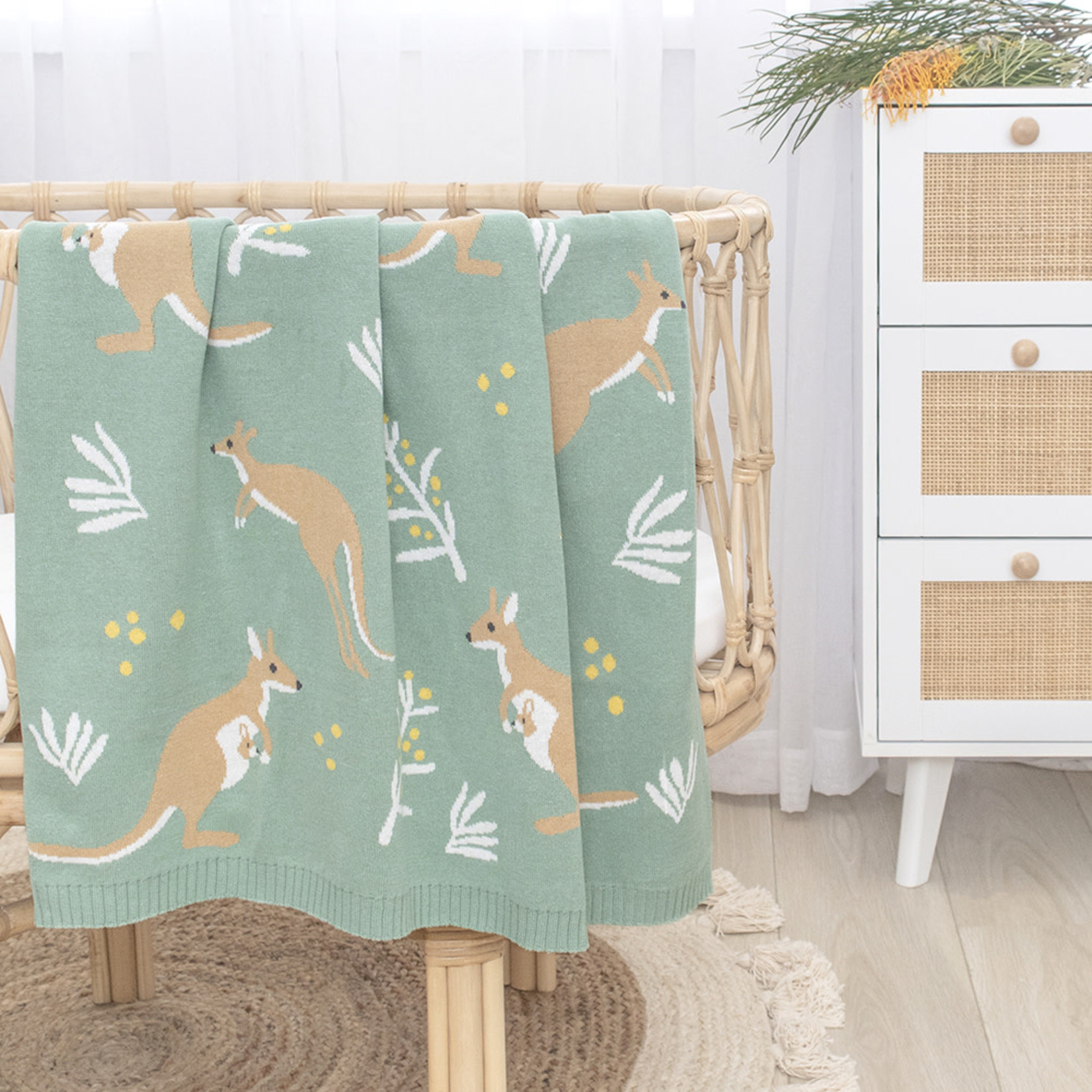 Living Textiles Australiana Baby Blanket - Kangaroo/Green