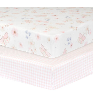 Living Textiles 2pk Cot Fitted Sheets-Butterfly/Blush Gingham