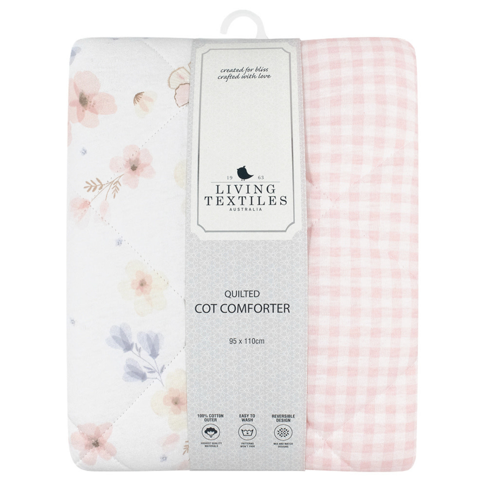 Living Textiles Reversable Jersey Cot Comforter-Butterfly/Blush Gingham