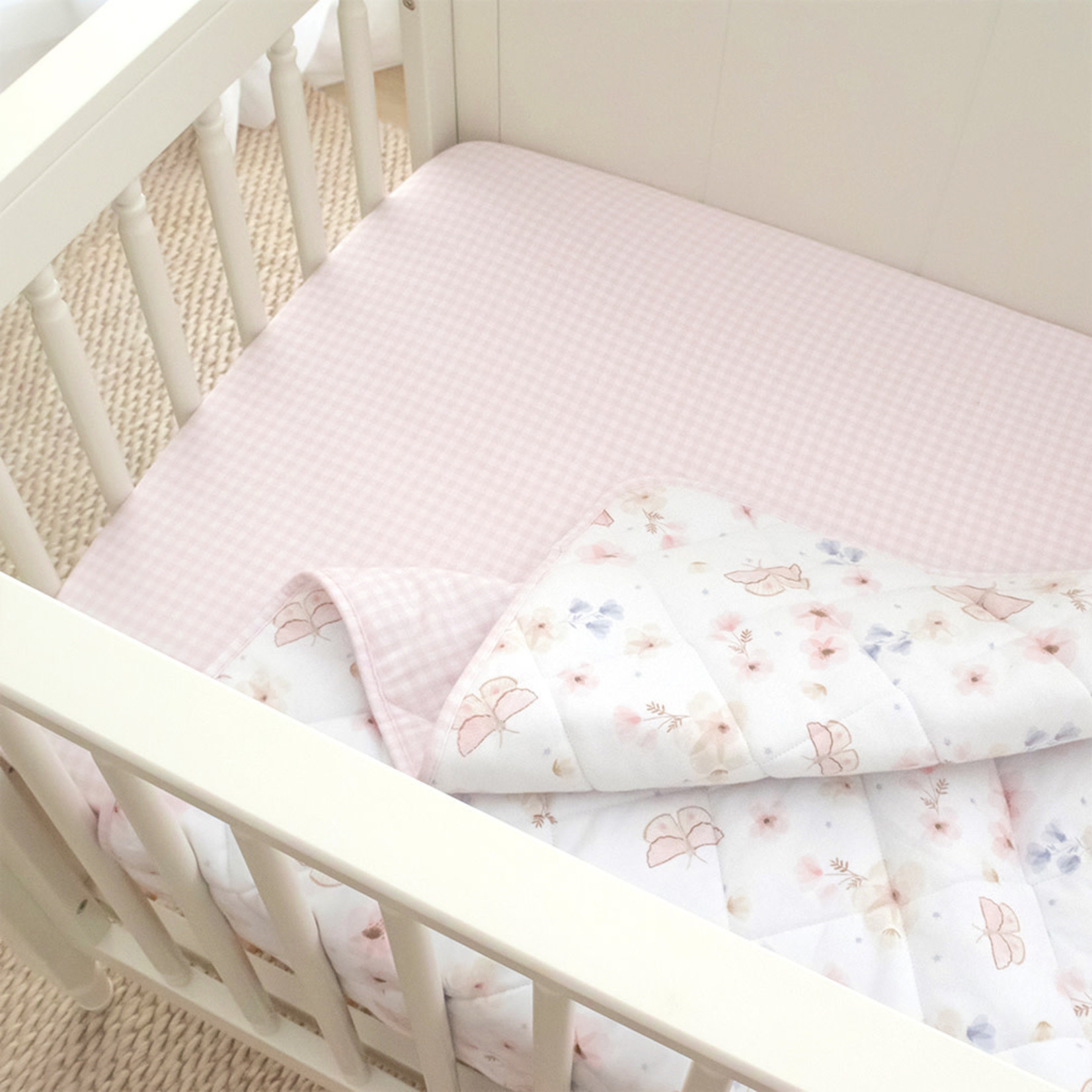 Living Textiles Reversable Jersey Cot Comforter-Butterfly/Blush Gingham