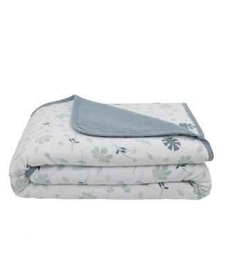 Living Textiles ORGANIC MUSLIN PRAM BLANKET BANANA LEAF/TEAL