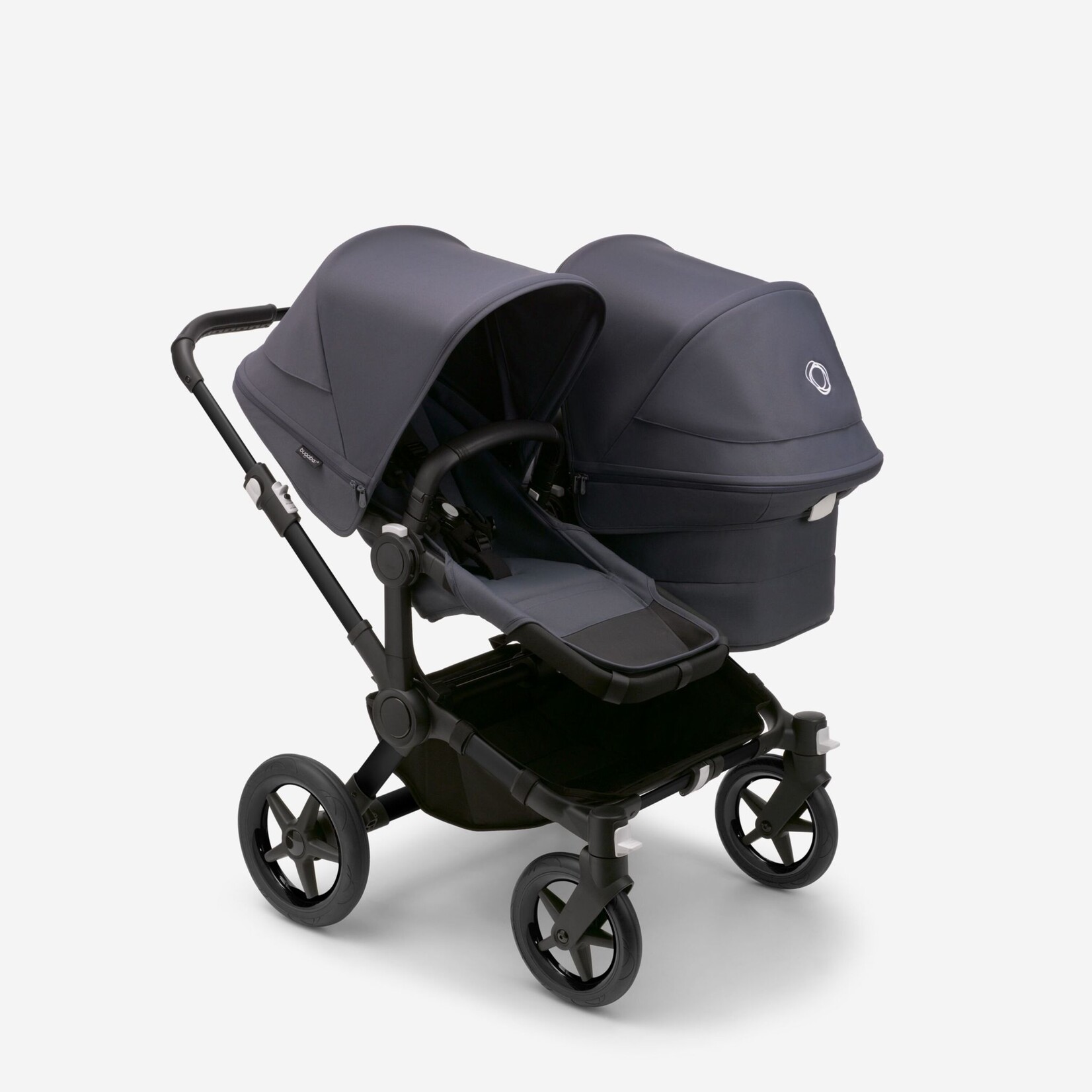 Bugaboo Donkey 5 Duo bassinet and seat pram-Stormy blue sun canopy, stormy blue fabrics, black chassis
