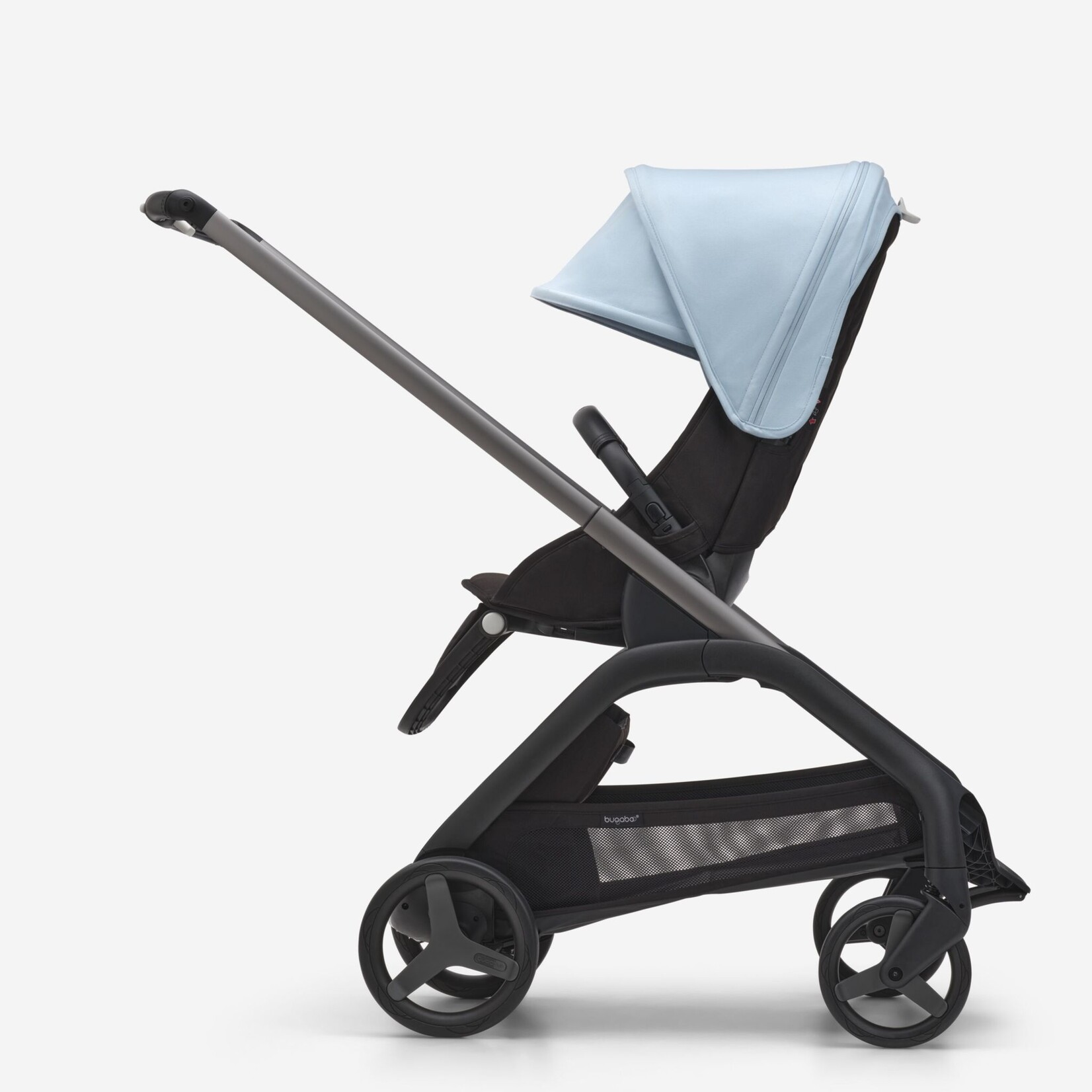 Bugaboo Dragonfly bassinet and seat pram- Skyline blue sun canopy, black fabrics, graphite chassis