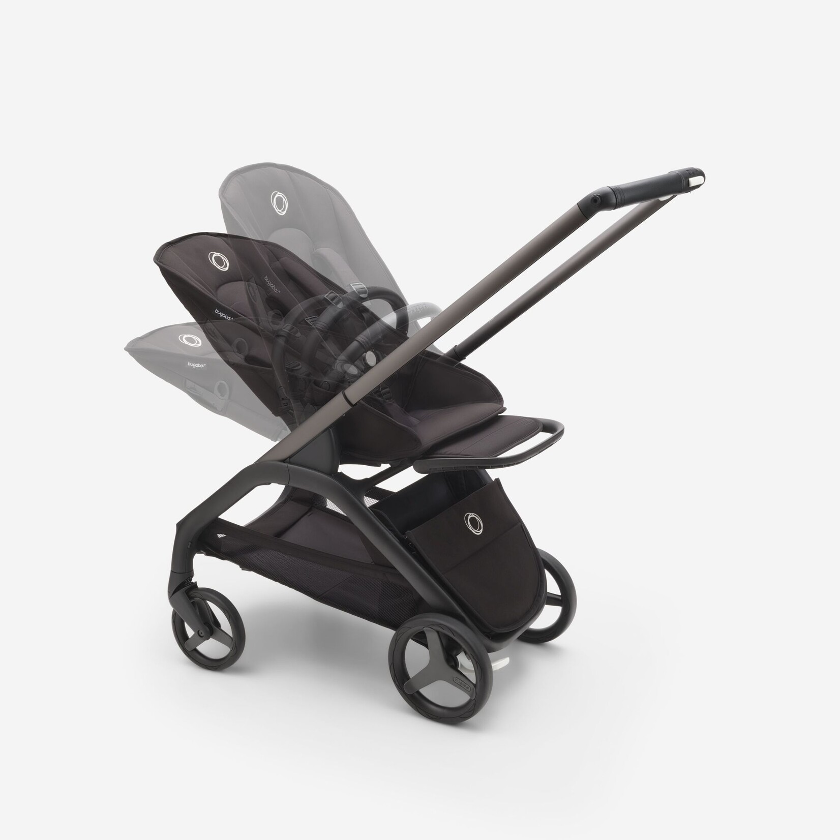 Bugaboo Dragonfly bassinet and seat pram- Skyline blue sun canopy, black fabrics, graphite chassis