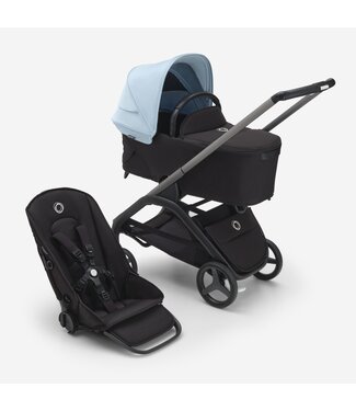 Bugaboo Dragonfly bassinet and seat pram- Skyline blue sun canopy, black fabrics, graphite chassis