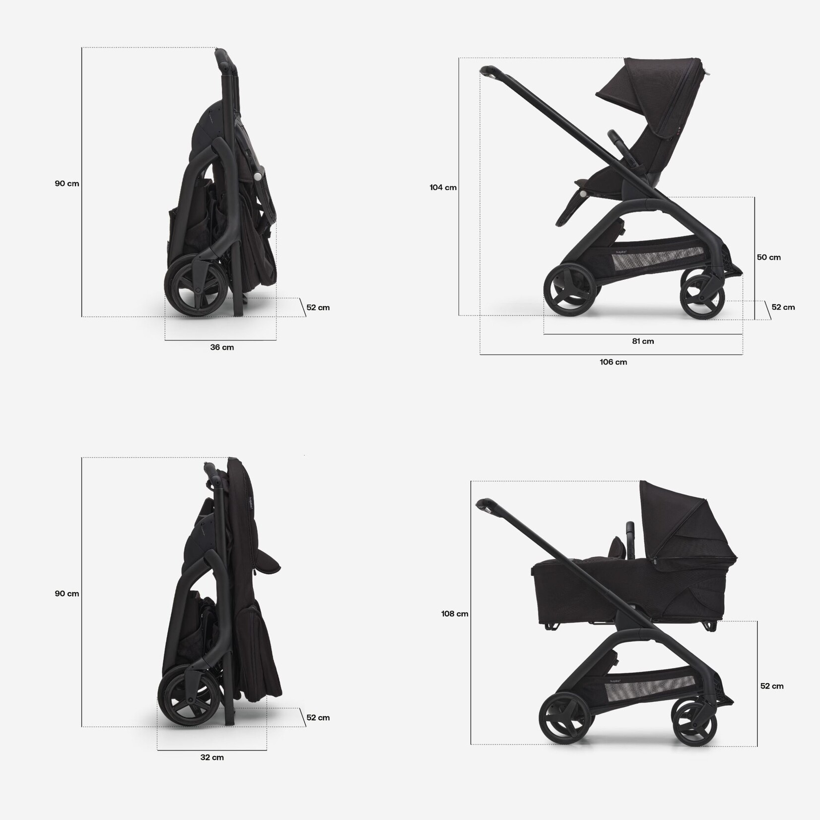 Bugaboo Dragonfly bassinet and seat pram- Skyline blue sun canopy, black fabrics, graphite chassis