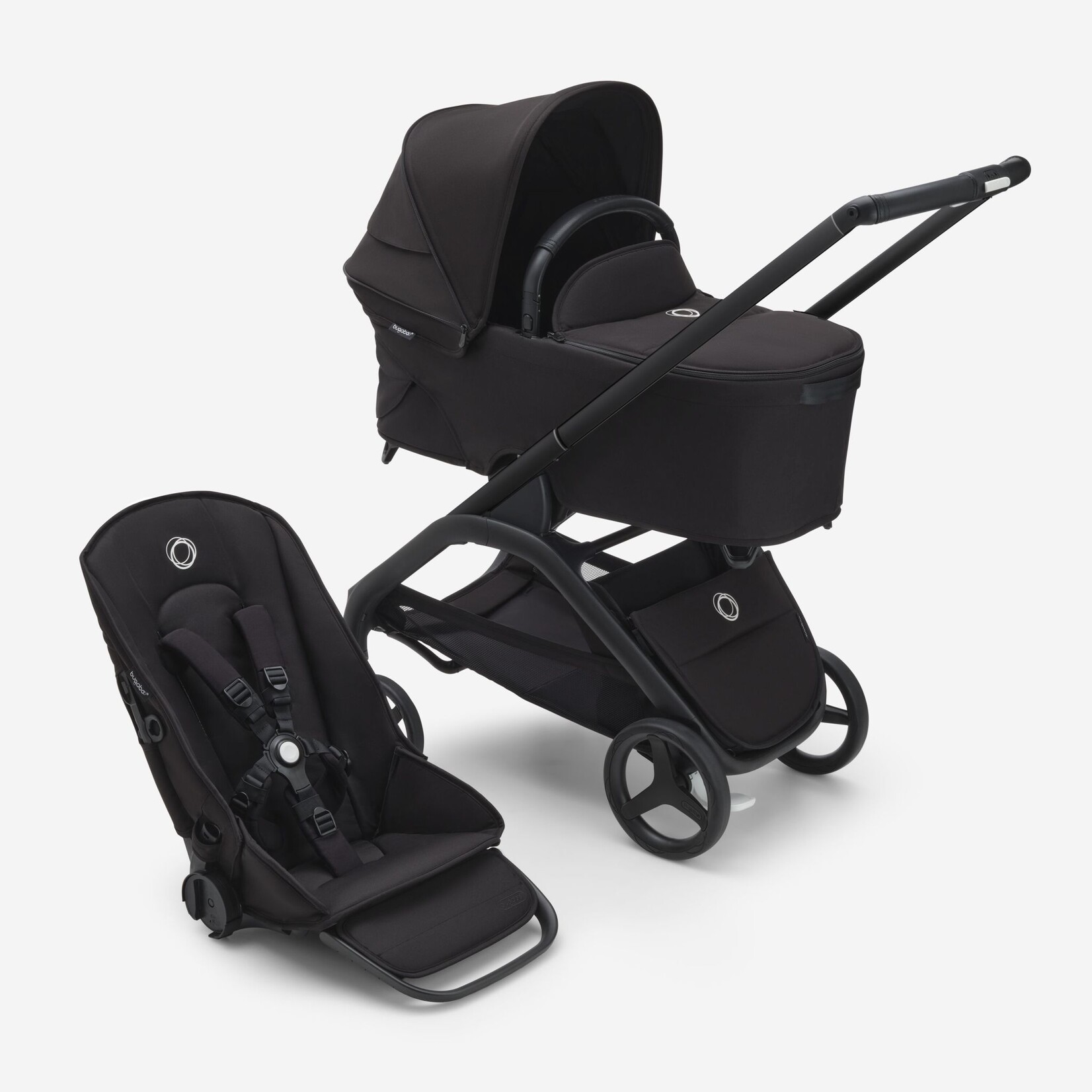 Bugaboo Dragonfly bassinet and seat pram- Midnight black sun canopy, midnight black fabrics, black chassis