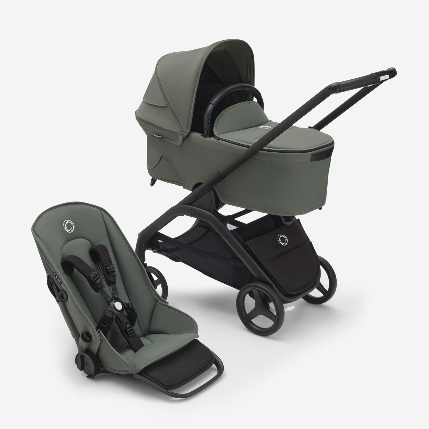 Bugaboo Dragonfly bassinet and seat pram- Forest green sun canopy, forest green fabrics, black chassis