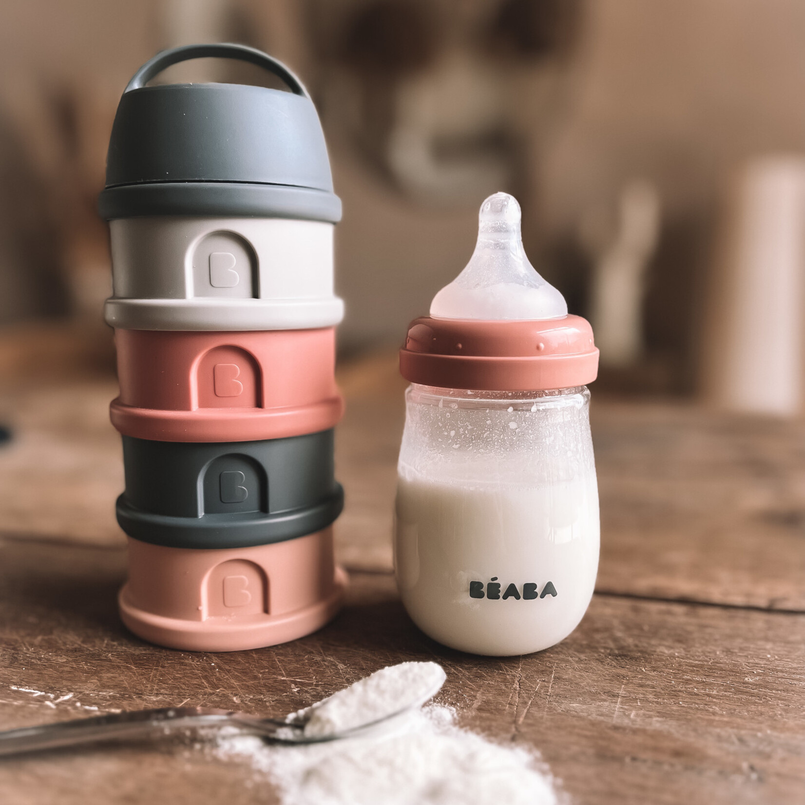 BEABA Formula and Snack Container - Mineral Grey/Pink