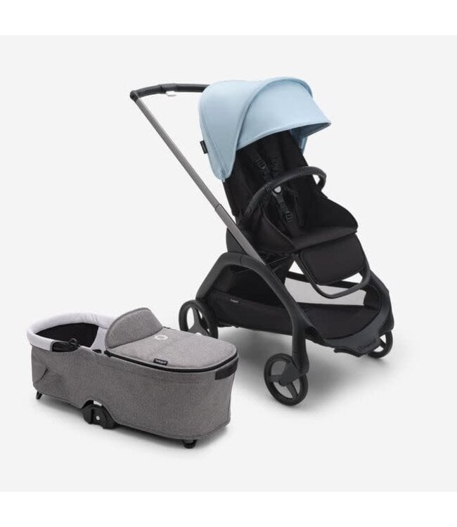 Bugaboo Dragonfly seat pram- Skyline blue sun canopy, black fabrics, graphite chassis + bassinet complete Grey mélange