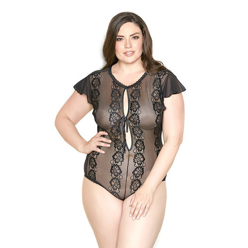 SHEER LACE FLORAL RUFFLE SLEEVE TEDDY SHEER LACE FLORAL RUFFLE SLEEVE TEDDY