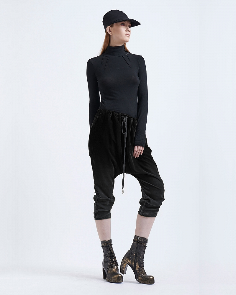 DROP CROTCH SILK VELVET SHADOW PANT - BLACK