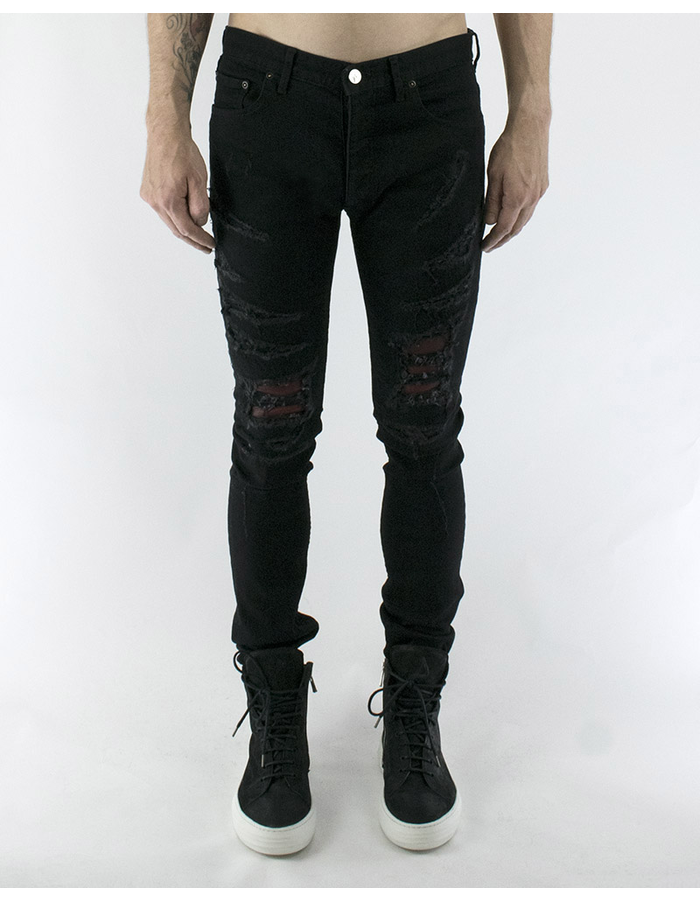FAGASSENT RED LEATHER INSET RIPPED JEANS