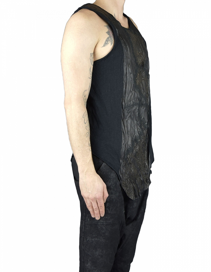 SANDRINE PHILIPPE COTTON TANK TOP WITH HAND CUT LEATHER PANELS