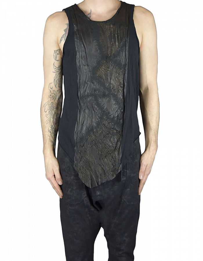 SANDRINE PHILIPPE COTTON TANK TOP WITH HAND CUT LEATHER PANELS