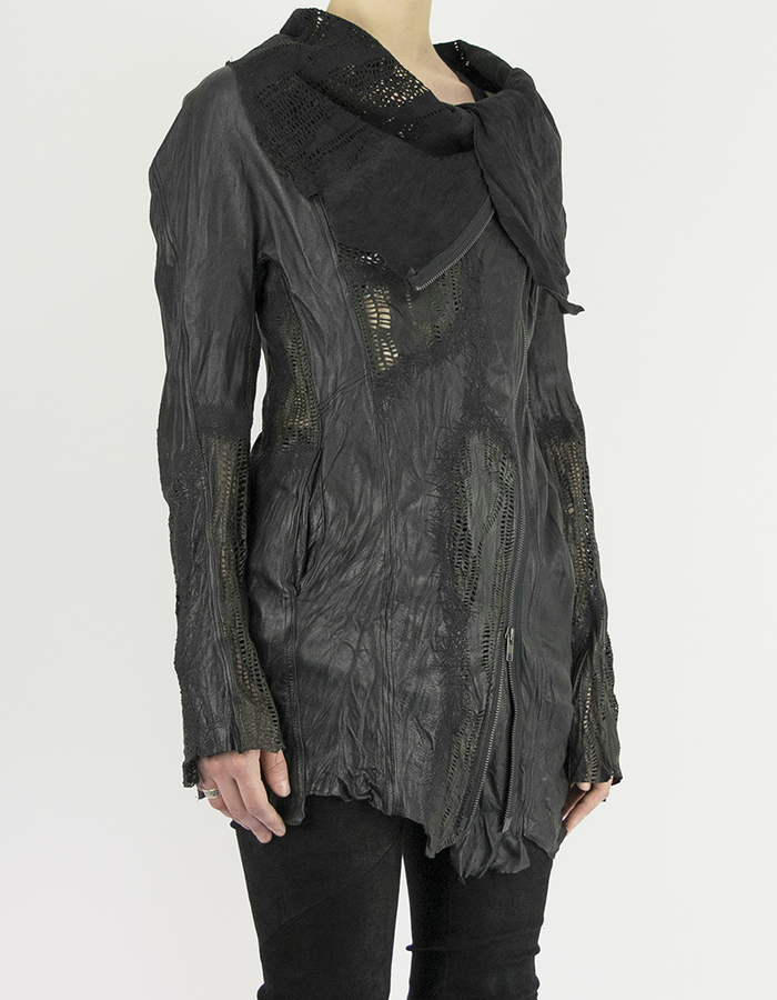 SANDRINE PHILIPPE LEATHER JACKET WITH  HAND CUT DETAILS