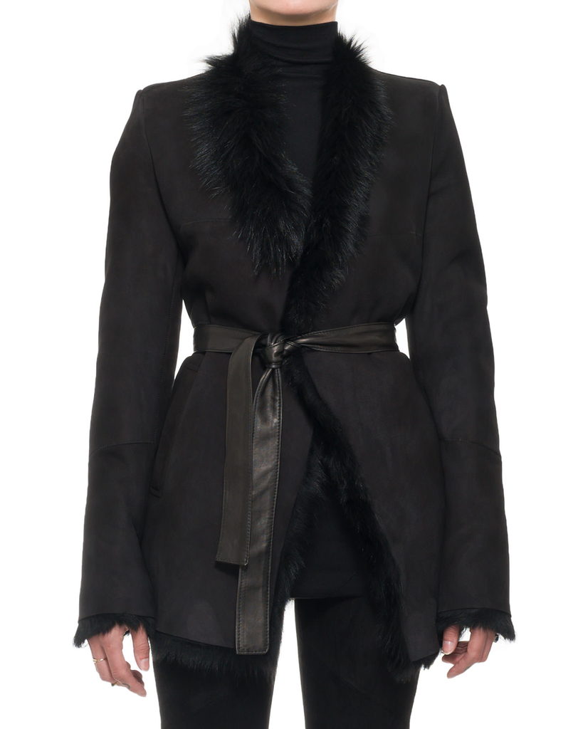 LONG HAIR SHEARLING BELTED COAT