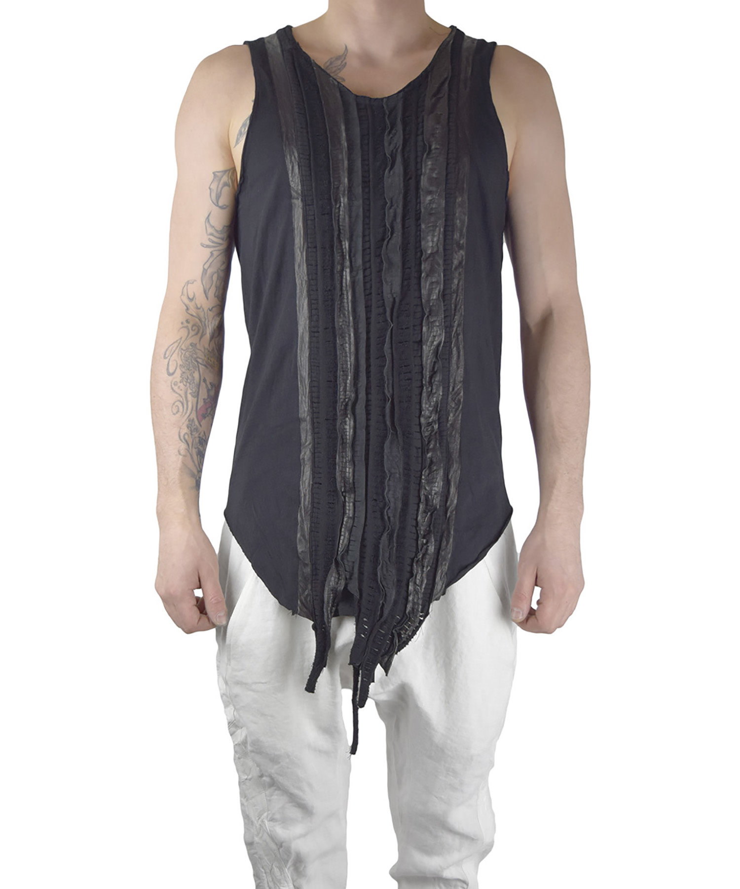 TANK TOP WITH LEATHER WOVEN BAND - BLACK