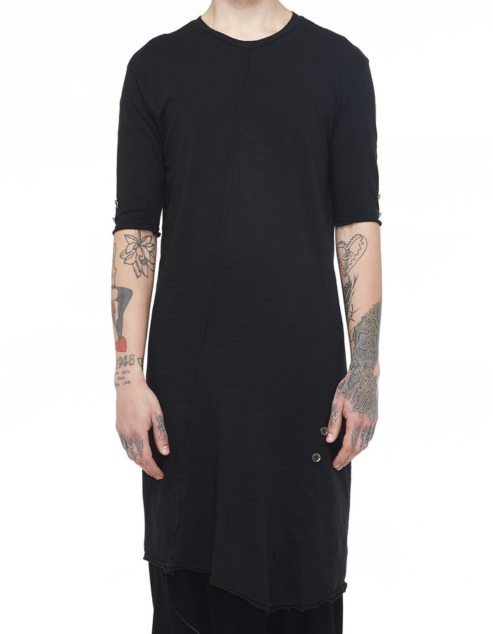 LA HAINE INSIDE US COTTON & LINEN LONG TEE W/ BUTTON DETAIL - BLACK