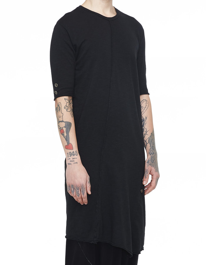 LA HAINE INSIDE US COTTON & LINEN LONG TEE W/ BUTTON DETAIL - BLACK