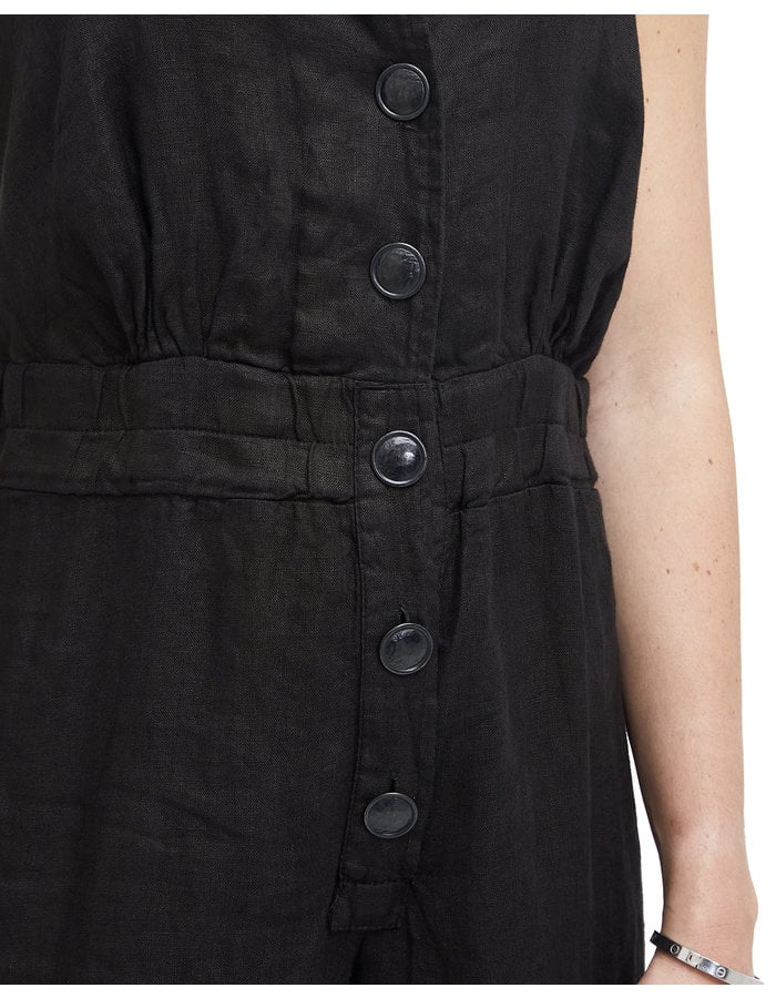 Black Sleeveless Collared Linen Jumpsuit by La Haine inside Us