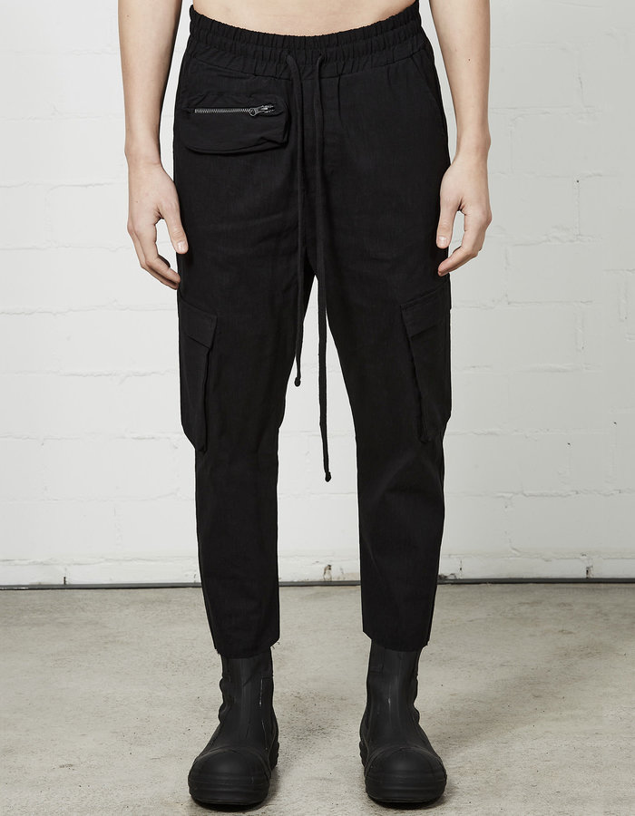 THOM KROM VISCOSE & LINEN DROP CROTCH CARGO TROUSER - BLACK