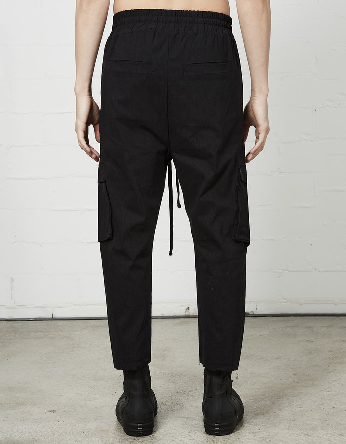 THOM KROM VISCOSE & LINEN DROP CROTCH CARGO TROUSER - BLACK