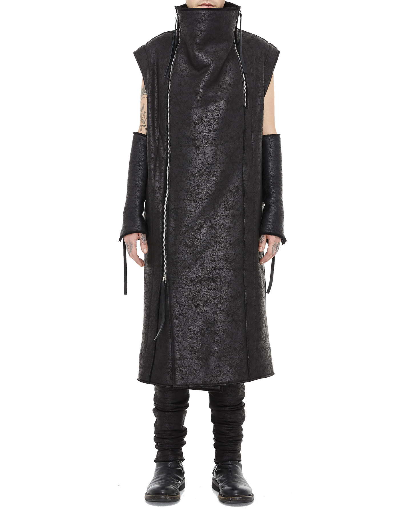 LEATHER EFFECT LONG ZIPPERED VEST