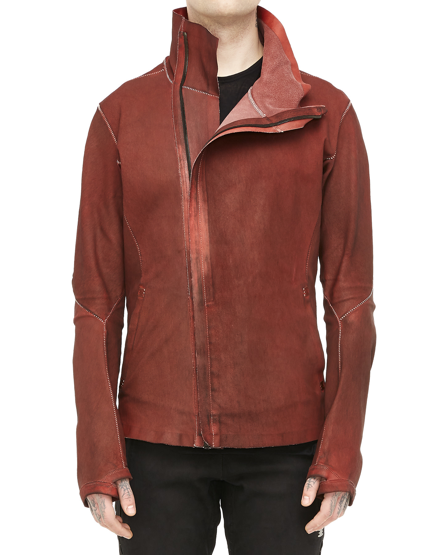 IMPARABLE ASYMMETRIC STRETCH LEATHER JACKET - DIRTY RED