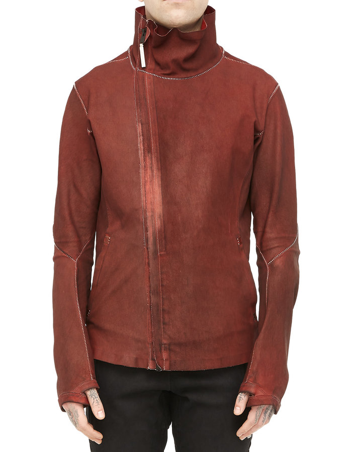 ISAAC SELLAM EXPERIENCE IMPARABLE ASYMMETRIC STRETCH LEATHER JACKET - DIRTY RED