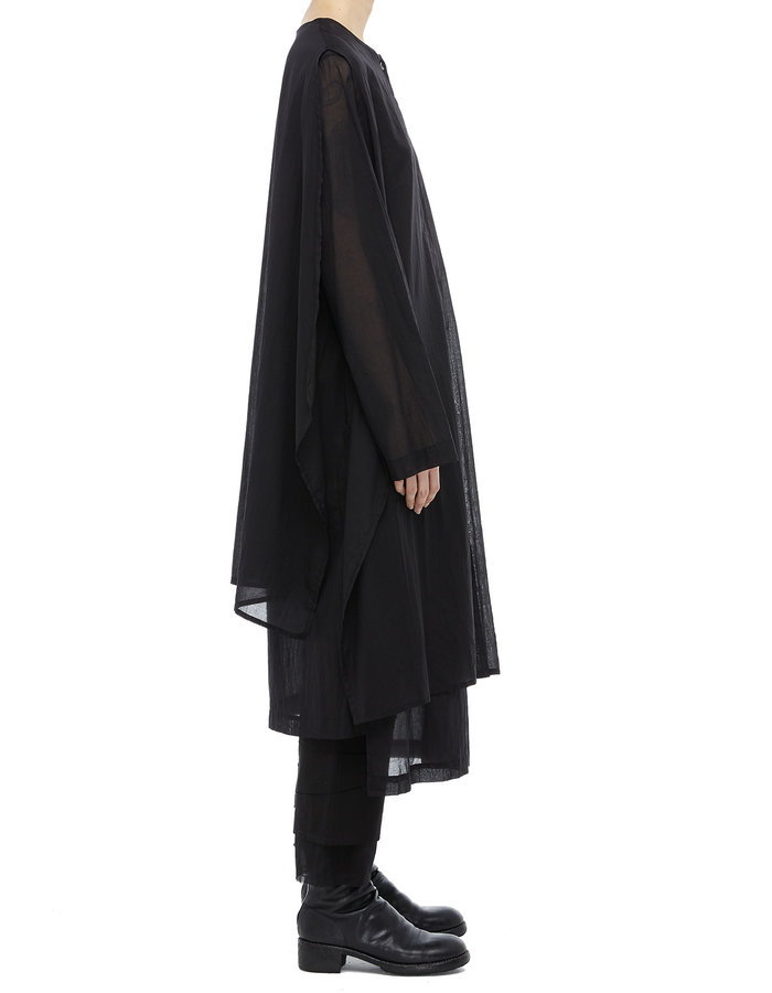 STUDIO B3 LONG GAUZE BUTTON UP WITH DRAPE PANELS - BLACK