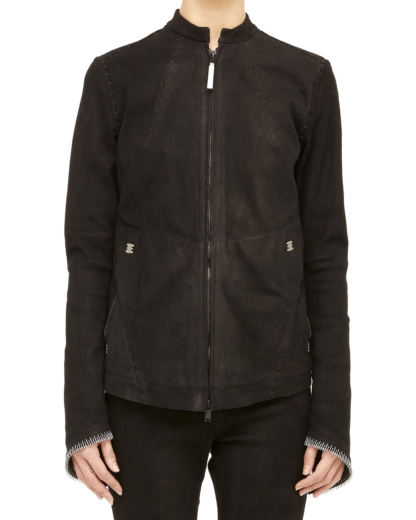 DEBOUSSOLEE STRETCH LEATHER ZIP FRONT JACKET