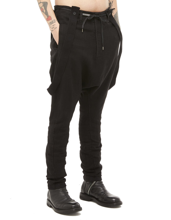 ARMY OF ME DROP CROTCH SUSPENDER LINEN TROUSERS 74 - BLACK