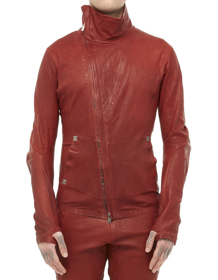 ISAAC SELLAM EXPERIENCE IMPARABLE ASYMMETRIC STRETCH LEATHER JACKET - OXBLOOD