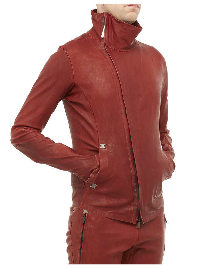 ISAAC SELLAM EXPERIENCE IMPARABLE ASYMMETRIC STRETCH LEATHER JACKET - OXBLOOD