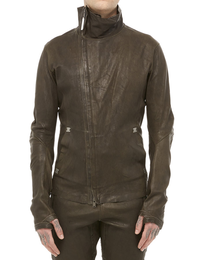 ISAAC SELLAM EXPERIENCE IMPARABLE ASYMMETRIC STRETCH LEATHER JACKET - KHAKI