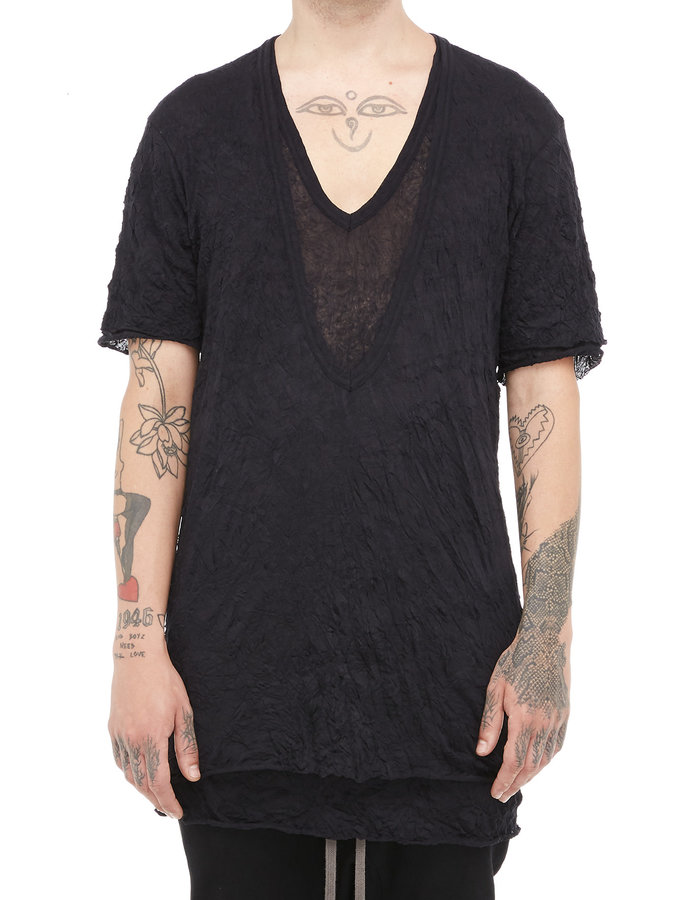 A.F. ARTEFACT GAUZE WASHER LAYERED V-NECK TEE - BLACK