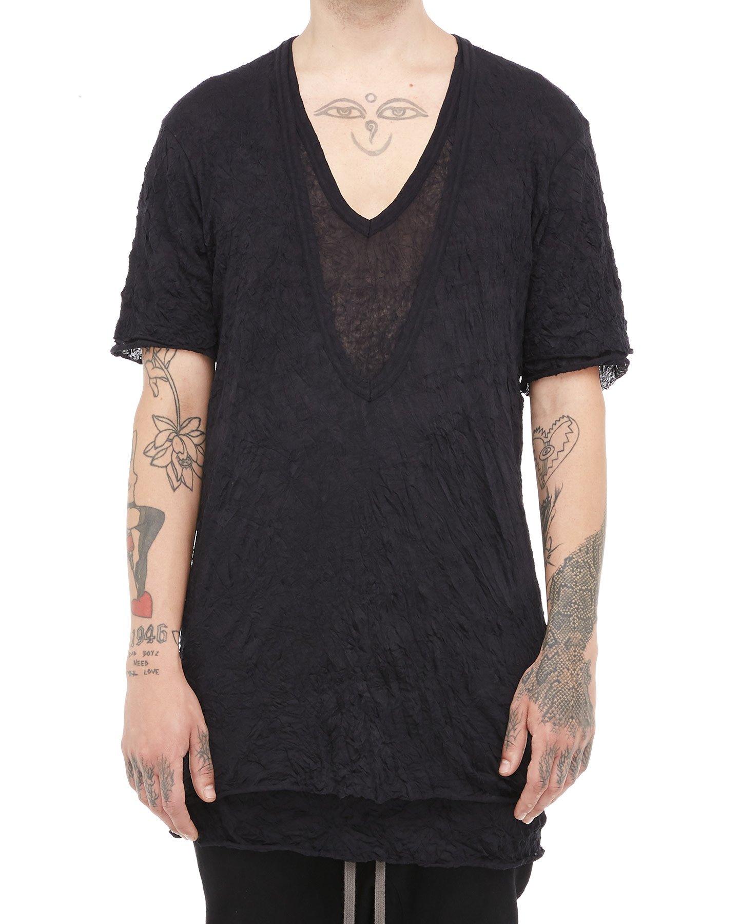 GAUZE WASHER LAYERED V-NECK TEE - BLACK