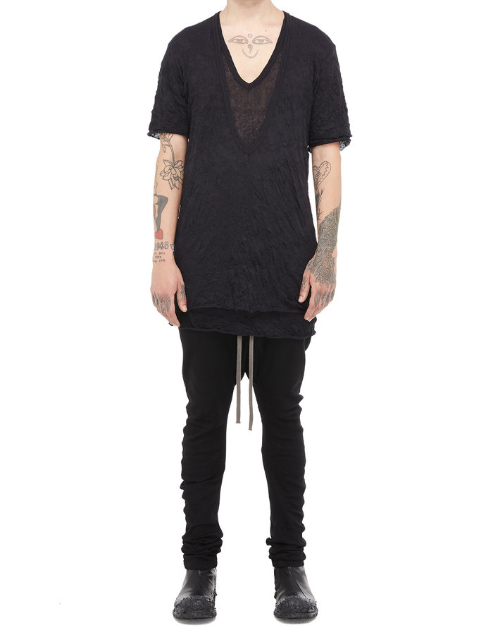 A.F. ARTEFACT GAUZE WASHER LAYERED V-NECK TEE - BLACK