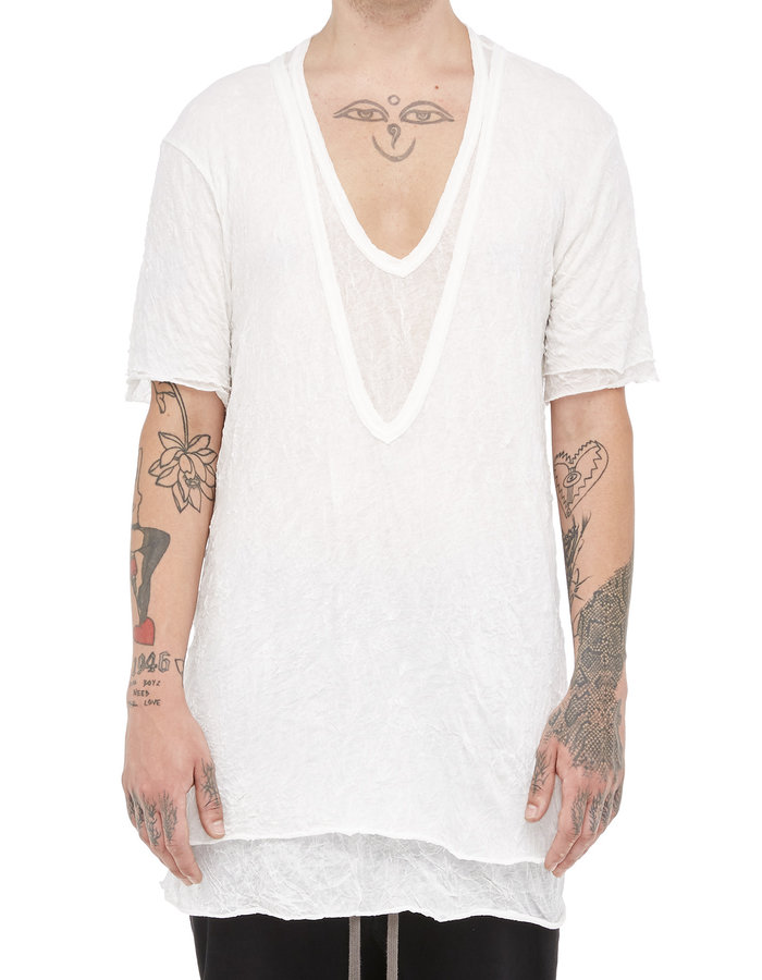 A.F. ARTEFACT GAUZE WASHER LAYERED V-NECK TEE - WHITE