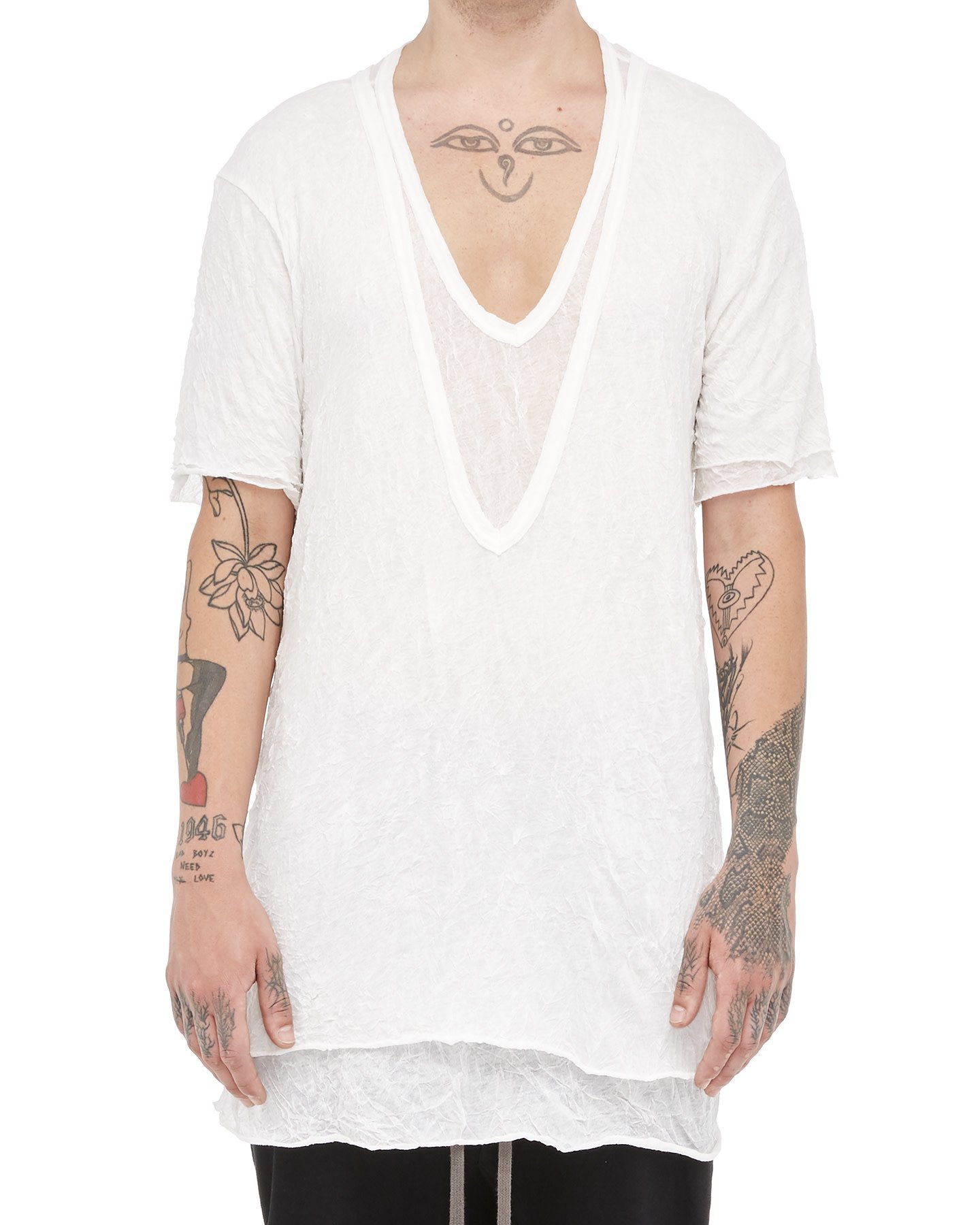 GAUZE WASHER LAYERED V-NECK TEE - WHITE