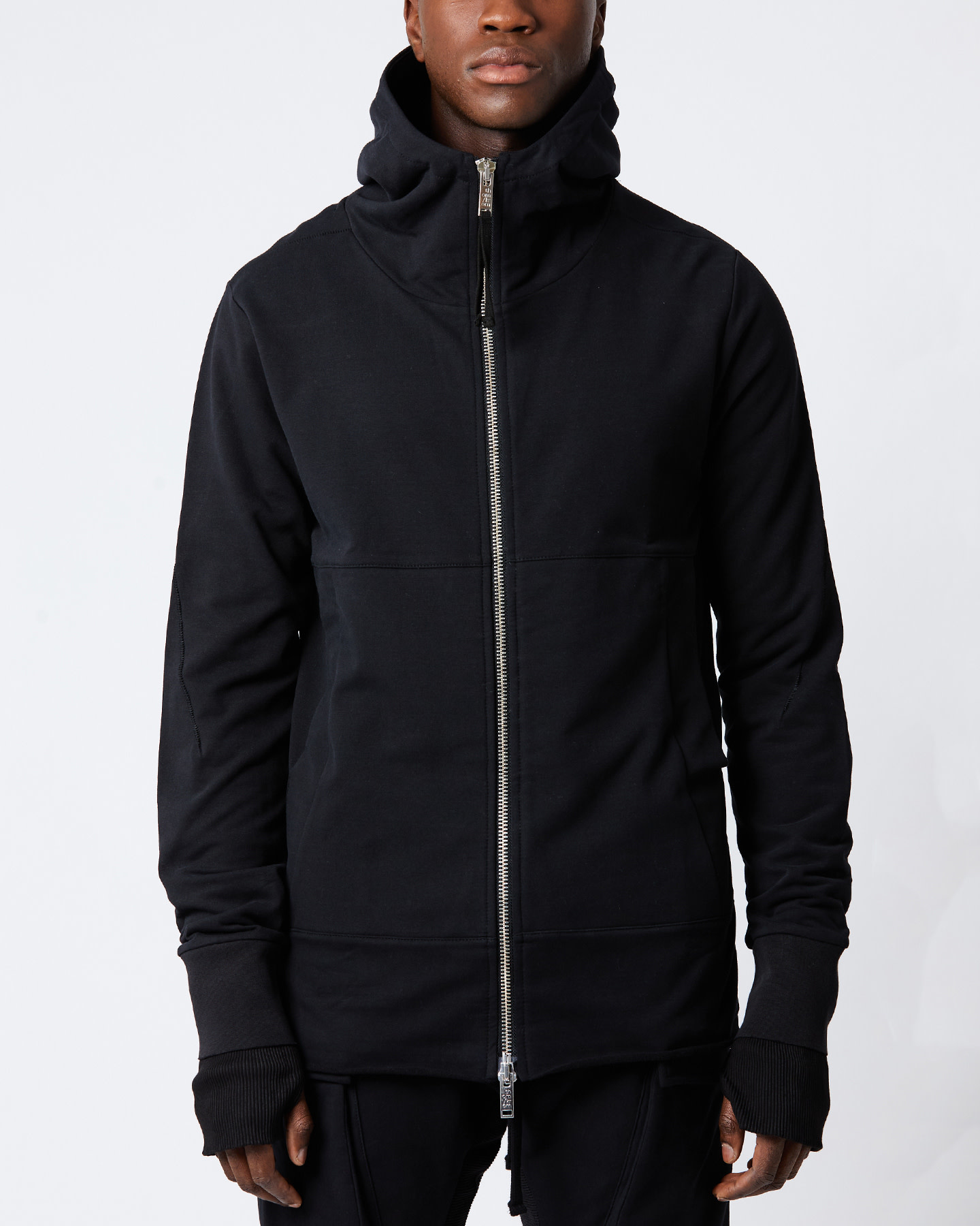 HIGH NECK FITTED ZIP FRONT HOODY - BLACK