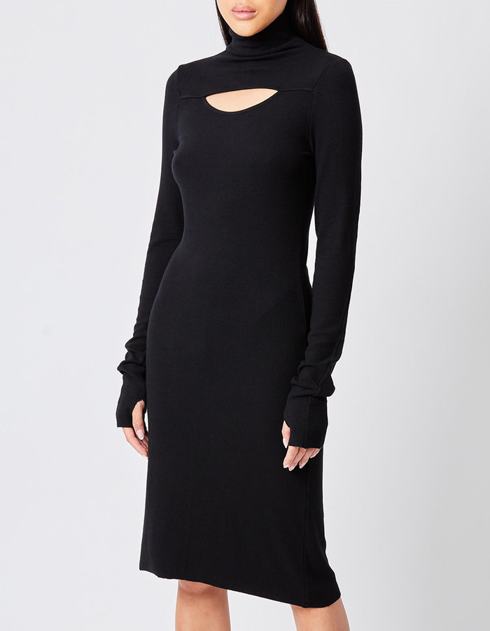 THOM KROM RIBBED MODAL HIGH NECK CUTOUT MIDI DRESS