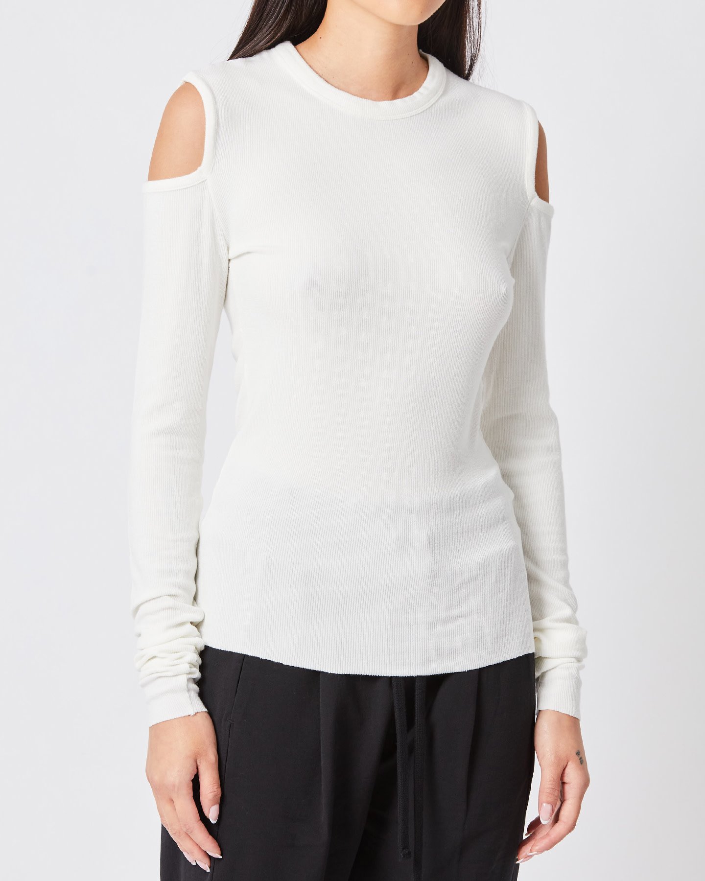RIBBED MODAL CUT-OUT SHOULDER LONGSLEEVE - WHITE - Shop Untitled NYC
