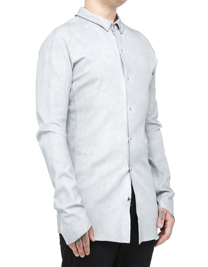 ISAAC SELLAM EXPERIENCE INDISCRET STRETCH LEATHER COLLARED SHIRT - ALUMINUM