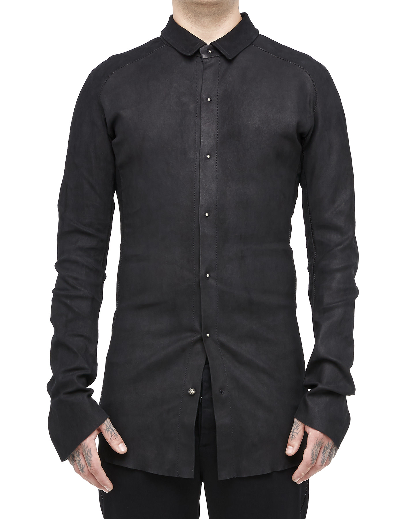INDISCRET STRETCH LEATHER COLLARED SHIRT - MATTE BLACK