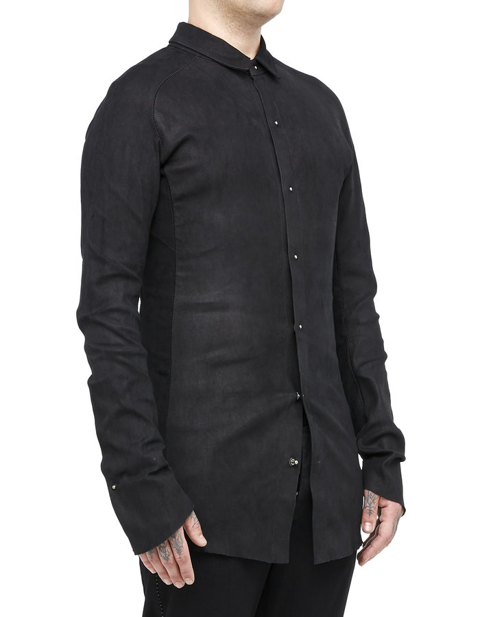 ISAAC SELLAM EXPERIENCE INDISCRET STRETCH LEATHER COLLARED SHIRT - MATTE BLACK